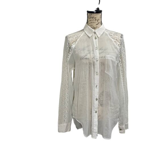 Anthropologie Holding Horses White Crochet Cotton Sheer Button Up Blouse Medium - Picture 1 of 13